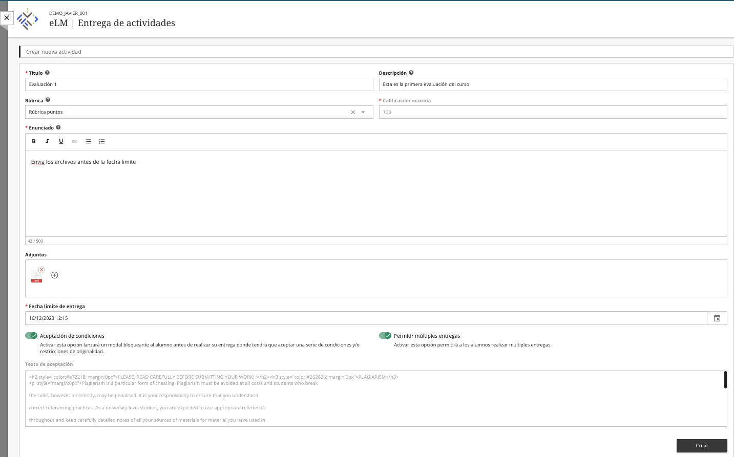 Configuración de una evaluación