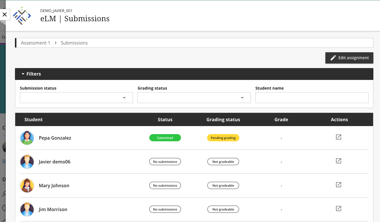 Submissions page-Teacher