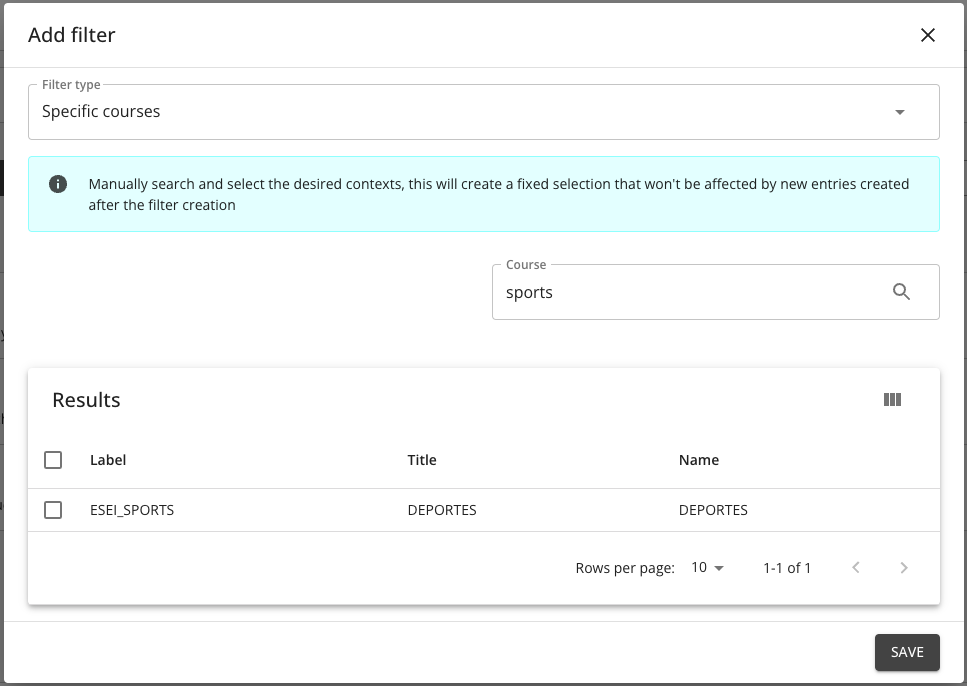 Specific Courses Filter